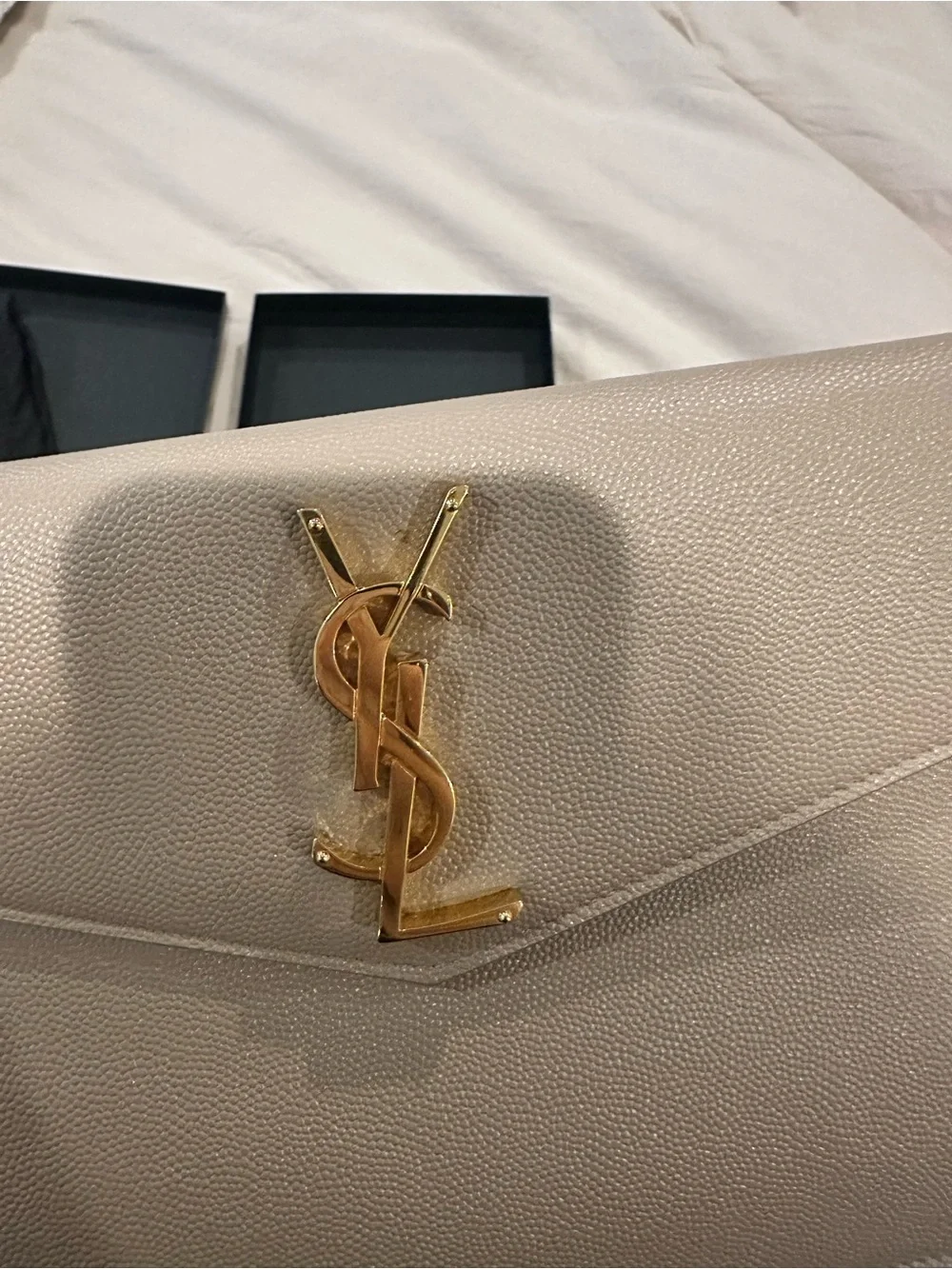 Saint Laurent Envelope Clutch in Beige with Gold YSL Emblem